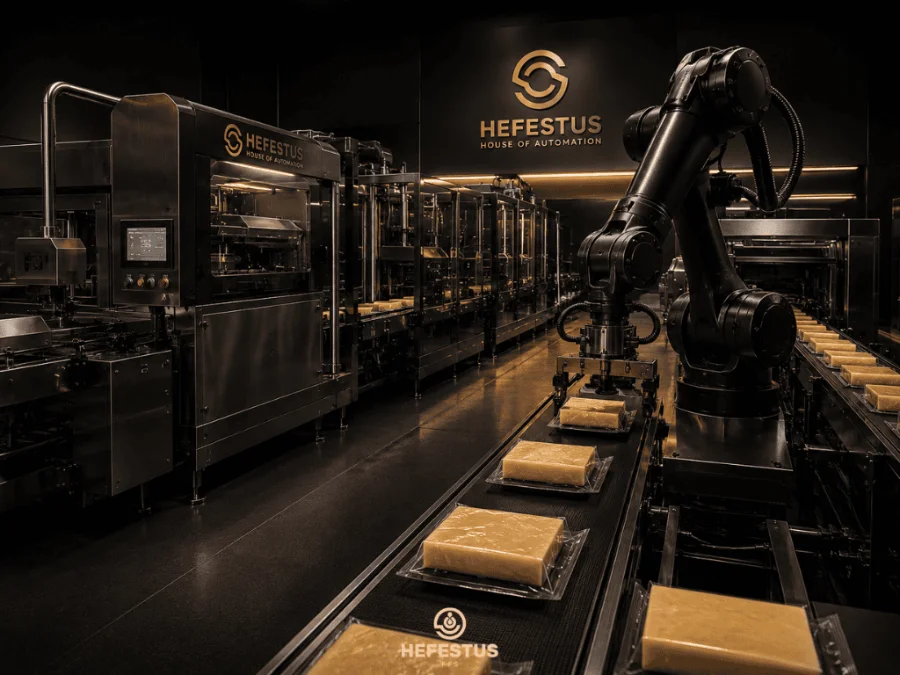 Automated cheese packaging line handling vacuum-packed blocks