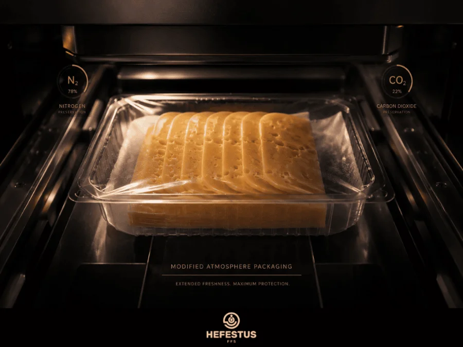 Gas-flushed tray of sliced cheese leaving a sealer