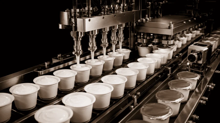 Yogurt cups being filled and foil sealed