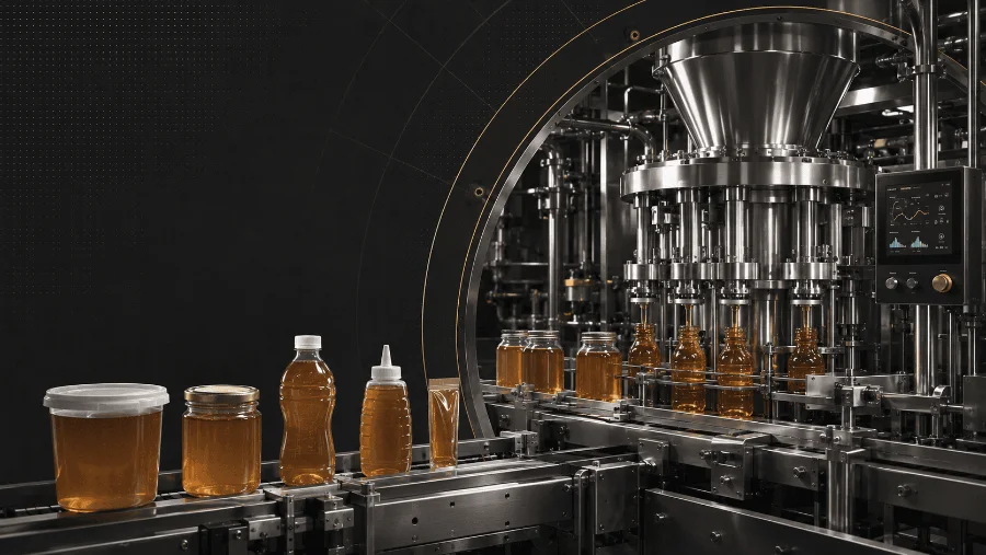 Rotary filler running honey into jars
