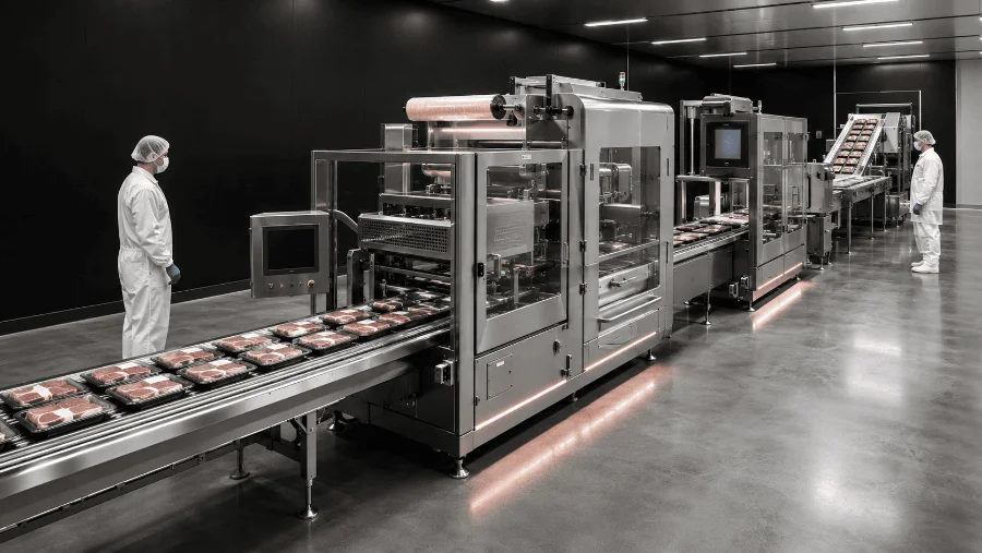 Thermoforming line producing retail meat trays