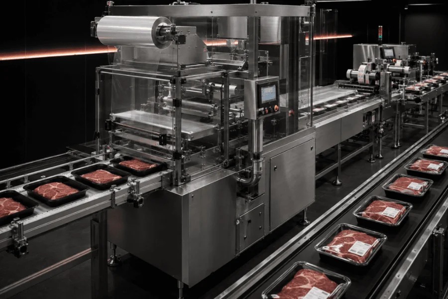 Tray sealer applying film to fresh meat trays on an automated line