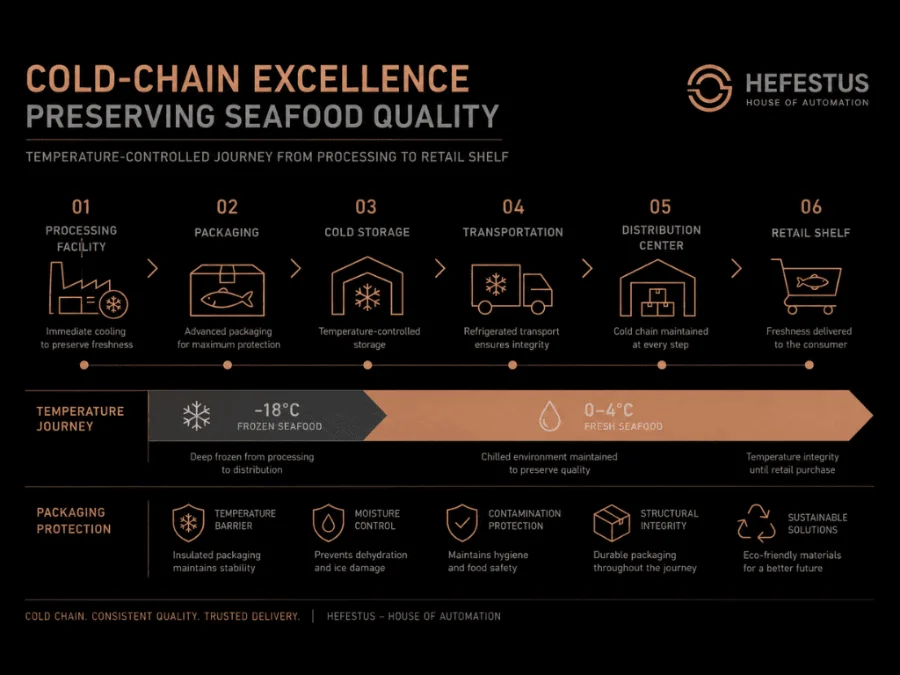 Cold chain stages from processing to retail shelf with fresh and frozen temperature bands