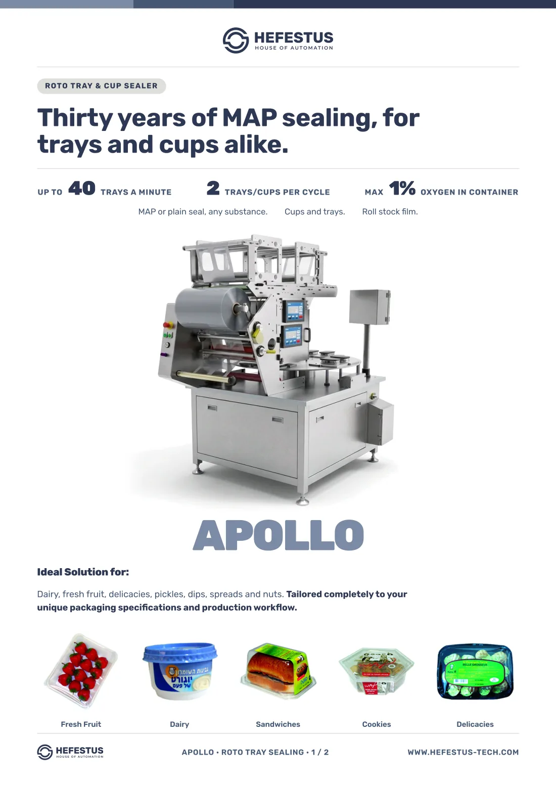 Apollo — Roto Tray & Cup Sealer spec sheet, page 1: up to 40 trays a minute, two trays or cups per cycle, maximum 1% oxygen in the container.