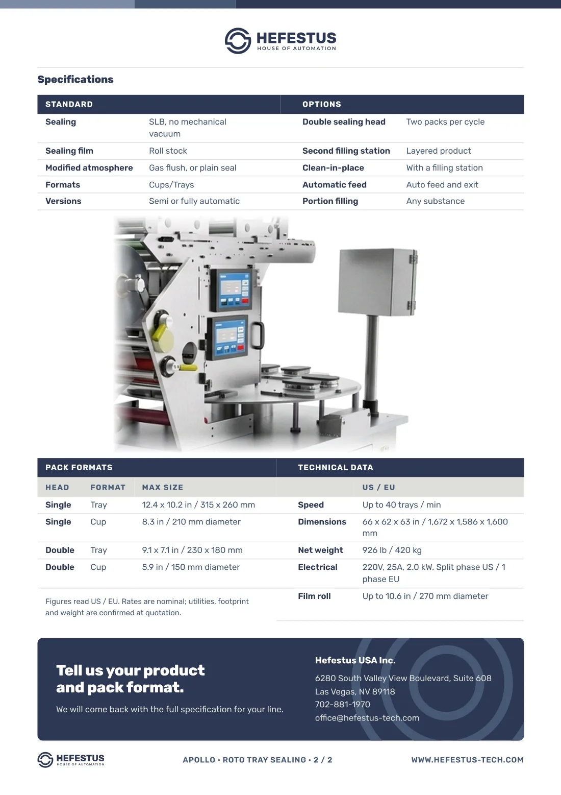 Apollo — Roto Tray & Cup Sealer spec sheet, page 2: tray and cup formats, sealing options, film roll diameter, dimensions, weight and electrical load.