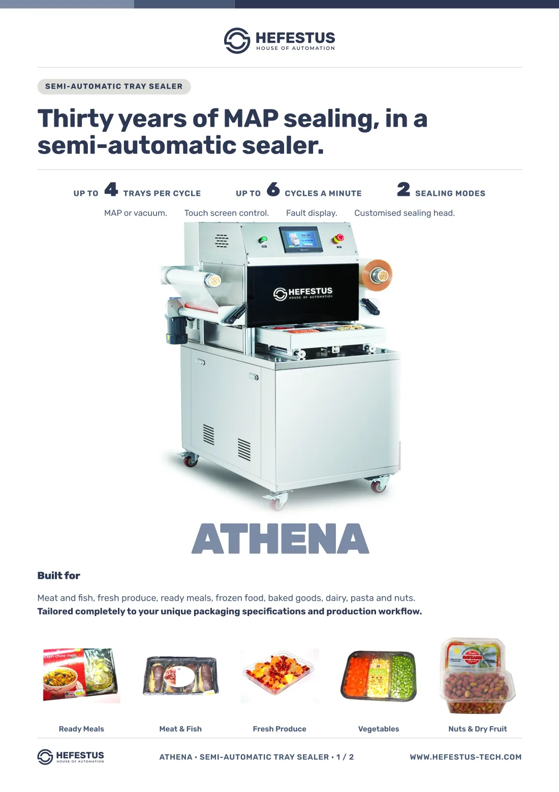Athena — Semi-Automatic Tray Sealer spec sheet, page 1: up to four trays per cycle, up to six cycles a minute, MAP and vacuum sealing modes.