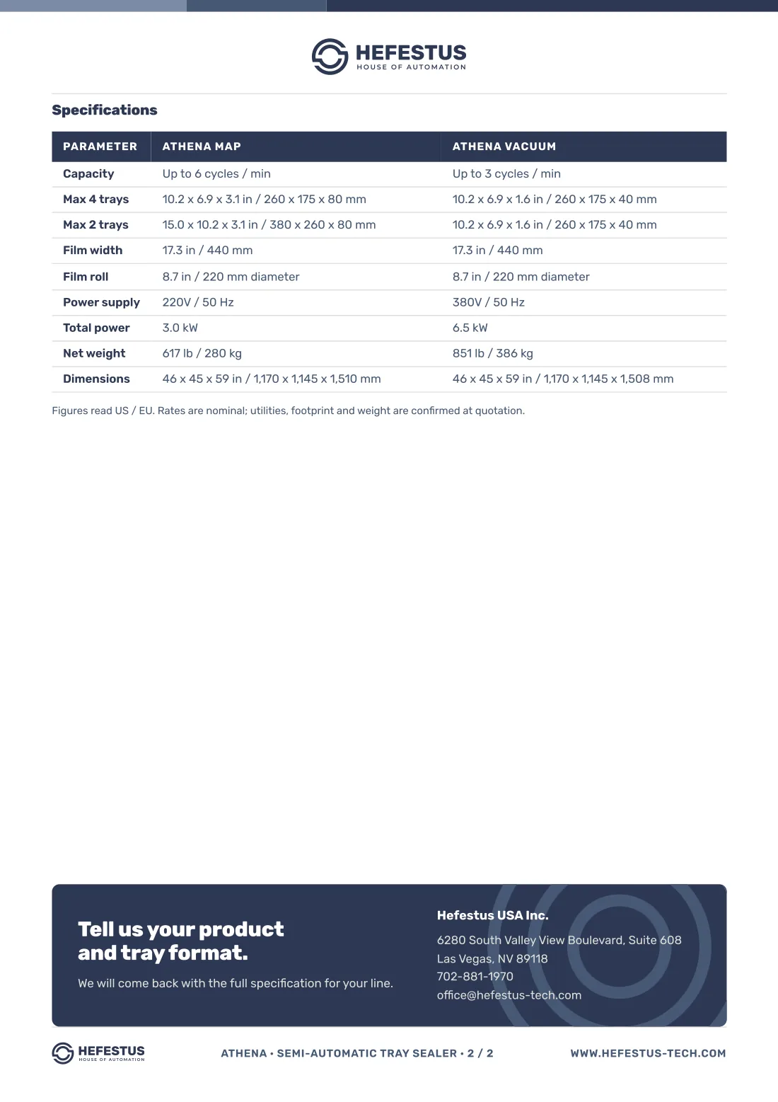 Athena — Semi-Automatic Tray Sealer spec sheet, page 2: tray sizes, film width, power supply and weight for both the MAP and vacuum versions.