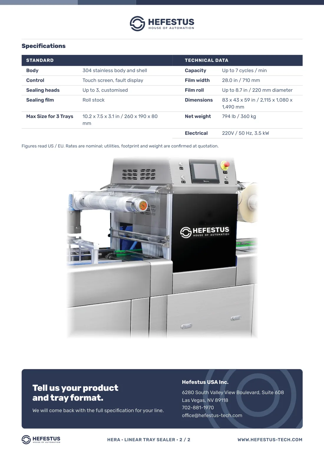 Hera — Linear Tray Sealer spec sheet, page 2: tray sizes, film width and roll diameter, dimensions, weight and electrical load.
