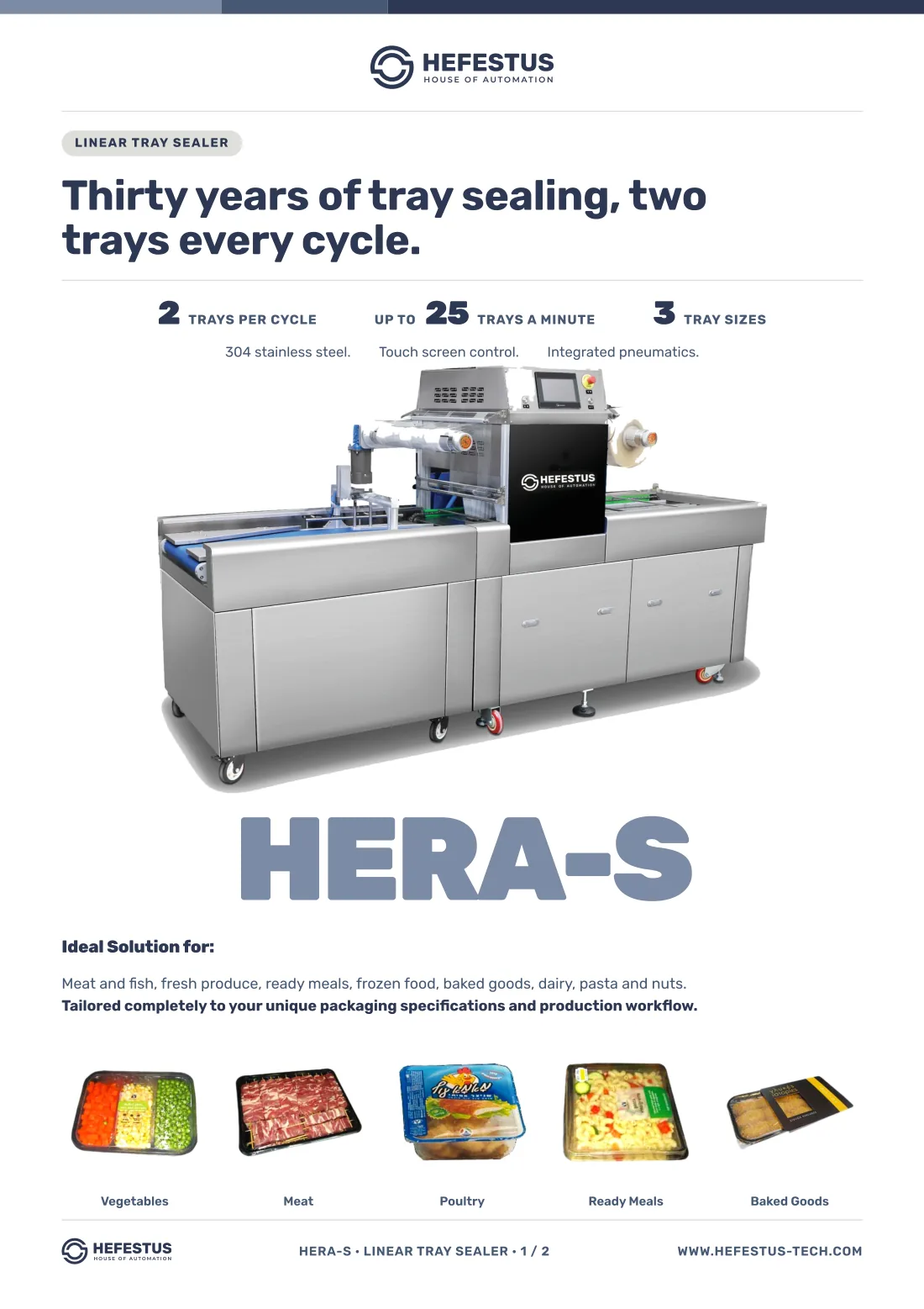 Hera-S — Linear Tray Sealer spec sheet, page 1: two trays per cycle, up to 25 trays a minute, three tray sizes.