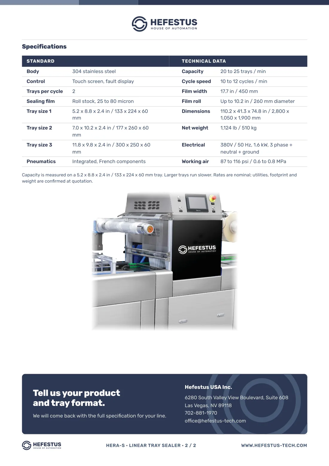 Hera-S — Linear Tray Sealer spec sheet, page 2: tray sizes, film width and roll diameter, dimensions, weight, electrical load and working air.