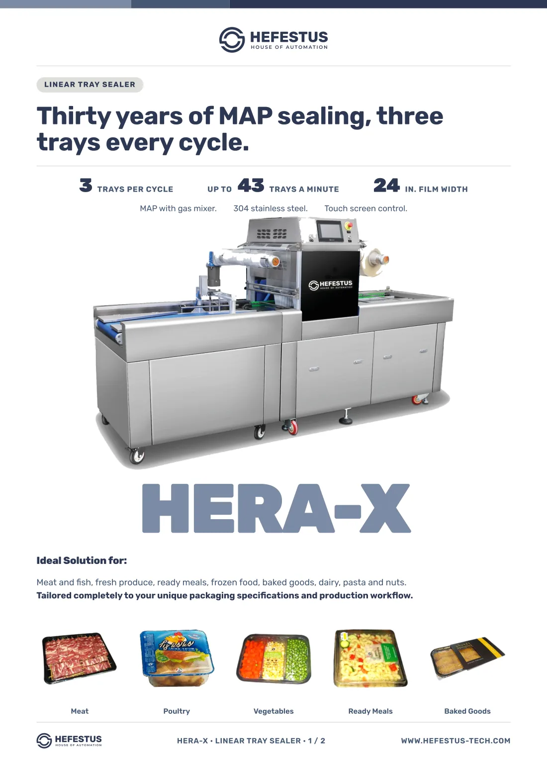 Hera-X — Linear Tray Sealer spec sheet, page 1: three trays per cycle, up to 43 trays a minute, modified atmosphere with a gas mixer.