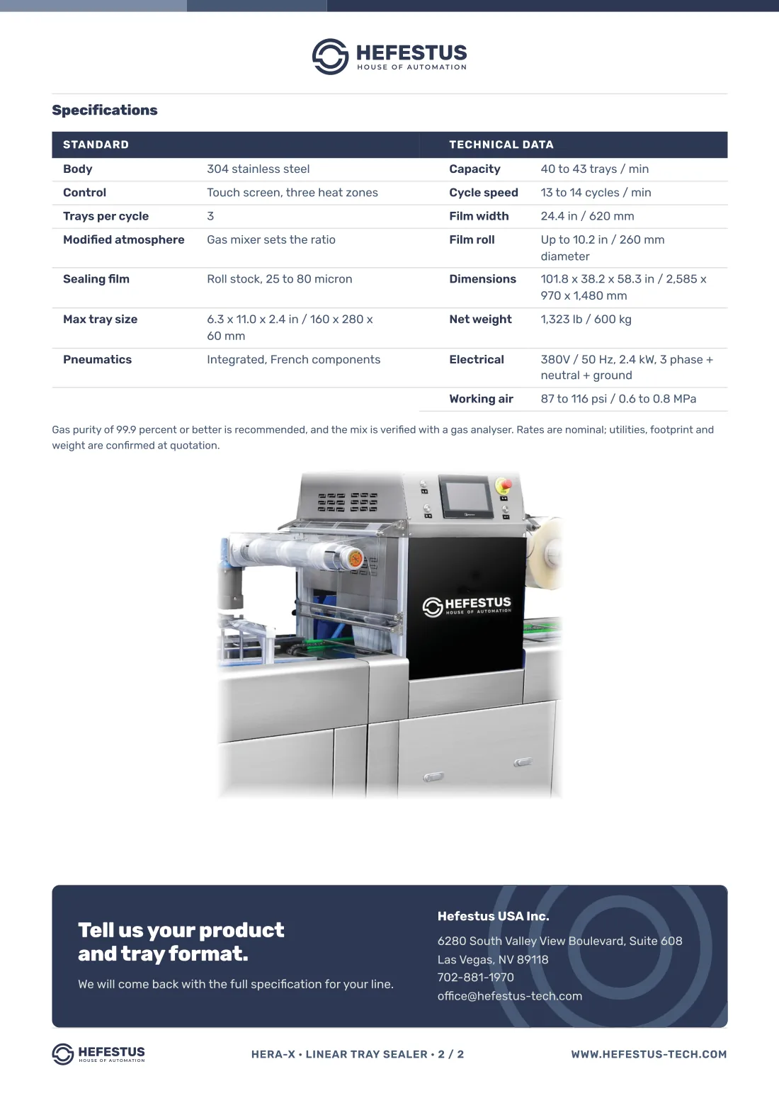 Hera-X — Linear Tray Sealer spec sheet, page 2: max tray size, gas mixing, film width, dimensions, weight, electrical load and working air.
