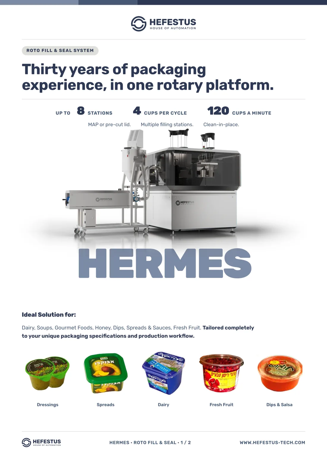 Hermes — Roto Fill & Seal spec sheet, page 1: up to 120 cups a minute across four cups per cycle, up to eight stations, gas flush to 25.5 cycles a minute.