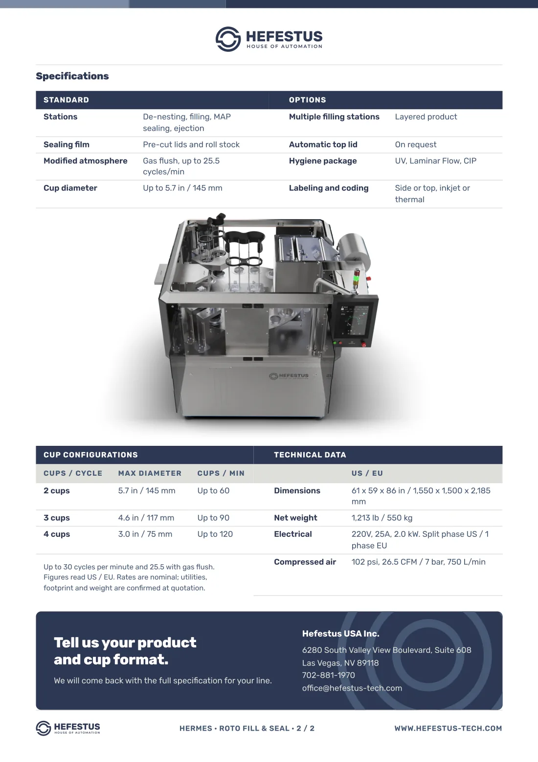 Hermes — Roto Fill & Seal spec sheet, page 2: cup configurations and diameters, cycle rates, dimensions, weight, electrical load and compressed air.