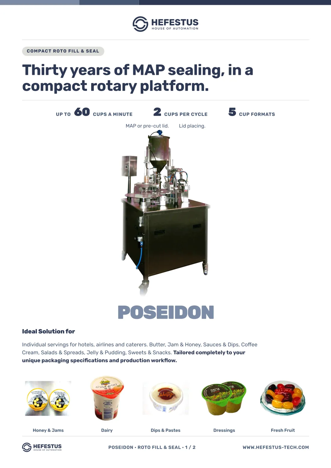 Poseidon — Compact Roto Fill & Seal spec sheet, page 1: up to 60 cups a minute, two cups per cycle, five cup formats for single servings.