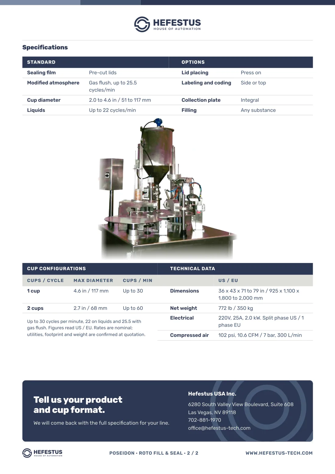Poseidon — Compact Roto Fill & Seal spec sheet, page 2: cup configurations and diameters, cycle rates, dimensions, weight, electrical load and compressed air.